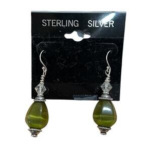 Handmade Sterling Silver Pierced Earrings with Green Teardrop Beads